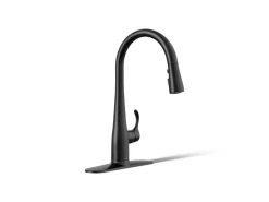 Compact pull-down kitchen sink faucet with three-function sprayhead
