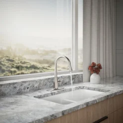 Compact pull-down kitchen sink faucet with three-function sprayhead