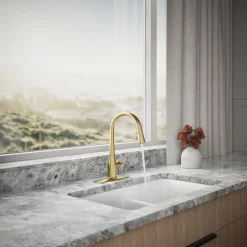 Compact pull-down kitchen sink faucet with three-function sprayhead