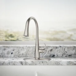 Compact pull-down kitchen sink faucet with three-function sprayhead