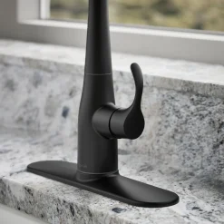 Compact pull-down kitchen sink faucet with three-function sprayhead