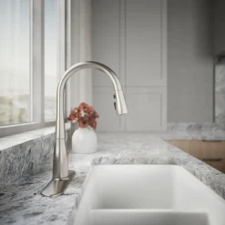 Compact pull-down kitchen sink faucet with three-function sprayhead