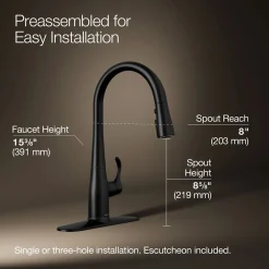 Compact pull-down kitchen sink faucet with three-function sprayhead