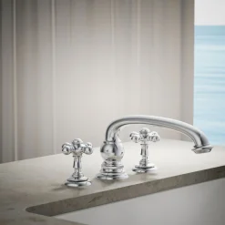 Deck-mount bath faucet handle trim with Cross design