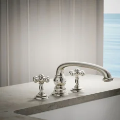 Deck-mount bath faucet handle trim with Cross design
