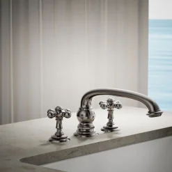 Deck-mount bath faucet handle trim with Cross design