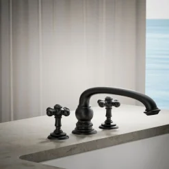 Deck-mount bath faucet handle trim with Cross design
