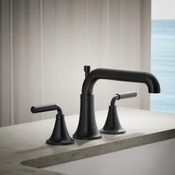 Deck-mount bath faucet trim with diverter