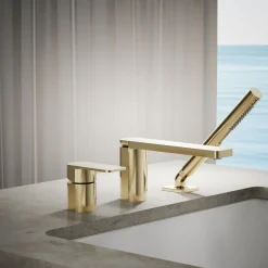 Deck-mount bath faucet with handshower