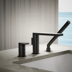 Deck-mount bath faucet with handshower
