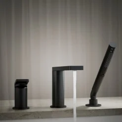 Deck-mount bath faucet with handshower