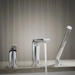 Deck-mount bath faucet with handshower