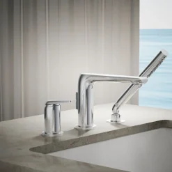 Deck-mount bath faucet with handshower