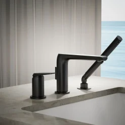 Deck-mount bath faucet with handshower