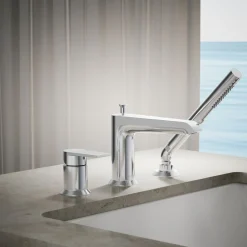 Deck-mount bath faucet with handshower