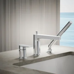 Deck-mount bath faucet with handshower