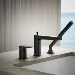 Deck-mount bath faucet with handshower