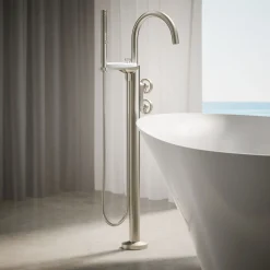 Floor-mount bath filler trim with industrial handles and handshower
