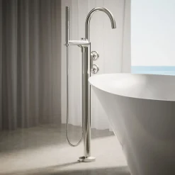 Floor-mount bath filler trim with industrial handles and handshower