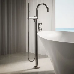 Floor-mount bath filler trim with industrial handles and handshower