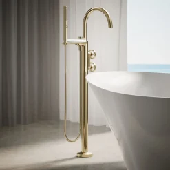 Floor-mount bath filler trim with industrial handles and handshower