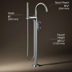 Floor-mount bath filler trim with industrial handles and handshower