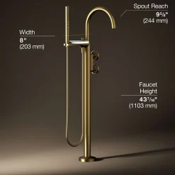 Floor-mount bath filler trim with industrial handles and handshower