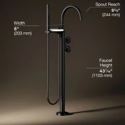 Floor-mount bath filler trim with industrial handles and handshower