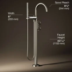 Floor-mount bath filler trim with industrial handles and handshower
