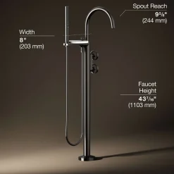 Floor-mount bath filler trim with industrial handles and handshower