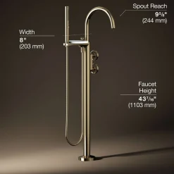 Floor-mount bath filler trim with industrial handles and handshower