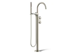 Floor-mount bath filler trim with industrial handles and handshower