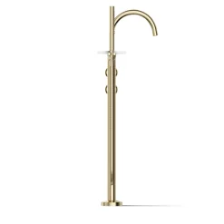 Floor-mount bath filler trim with industrial handles and handshower