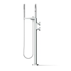 Floor-mount bath filler trim with industrial handles and handshower