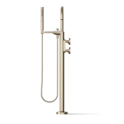 Floor-mount bath filler trim with industrial handles and handshower