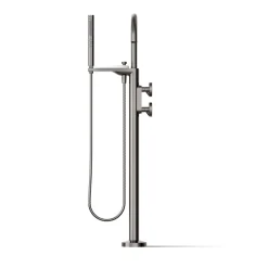 Floor-mount bath filler trim with industrial handles and handshower