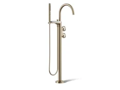 Floor-mount bath filler trim with industrial handles and handshower