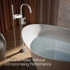 Floor-mount bath filler trim with industrial handles and handshower