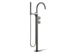 Floor-mount bath filler trim with industrial handles and handshower