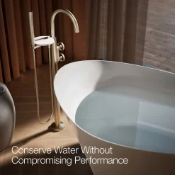 Floor-mount bath filler trim with industrial handles and handshower