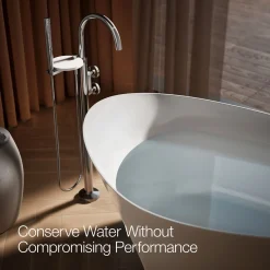 Floor-mount bath filler trim with industrial handles and handshower