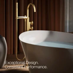 Floor-mount bath filler trim with industrial handles and handshower