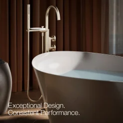 Floor-mount bath filler trim with industrial handles and handshower
