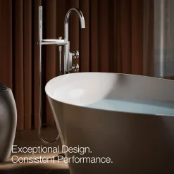 Floor-mount bath filler trim with industrial handles and handshower