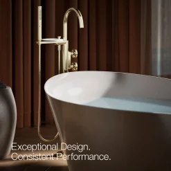 Floor-mount bath filler trim with industrial handles and handshower