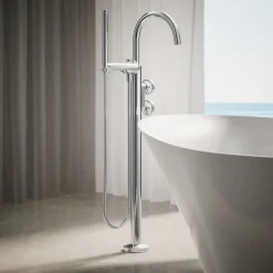 Floor-mount bath filler trim with industrial handles and handshower