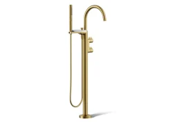 Floor-mount bath filler trim with lever handles and handshower