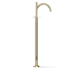 Floor-mount bath filler trim with lever handles and handshower