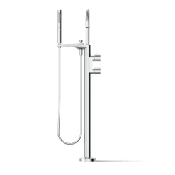 Floor-mount bath filler trim with lever handles and handshower