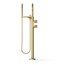 Floor-mount bath filler trim with lever handles and handshower